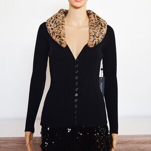 Emerson Lang Ribbed Button Down Cardigan with Faux Fur Leopard Print Collar